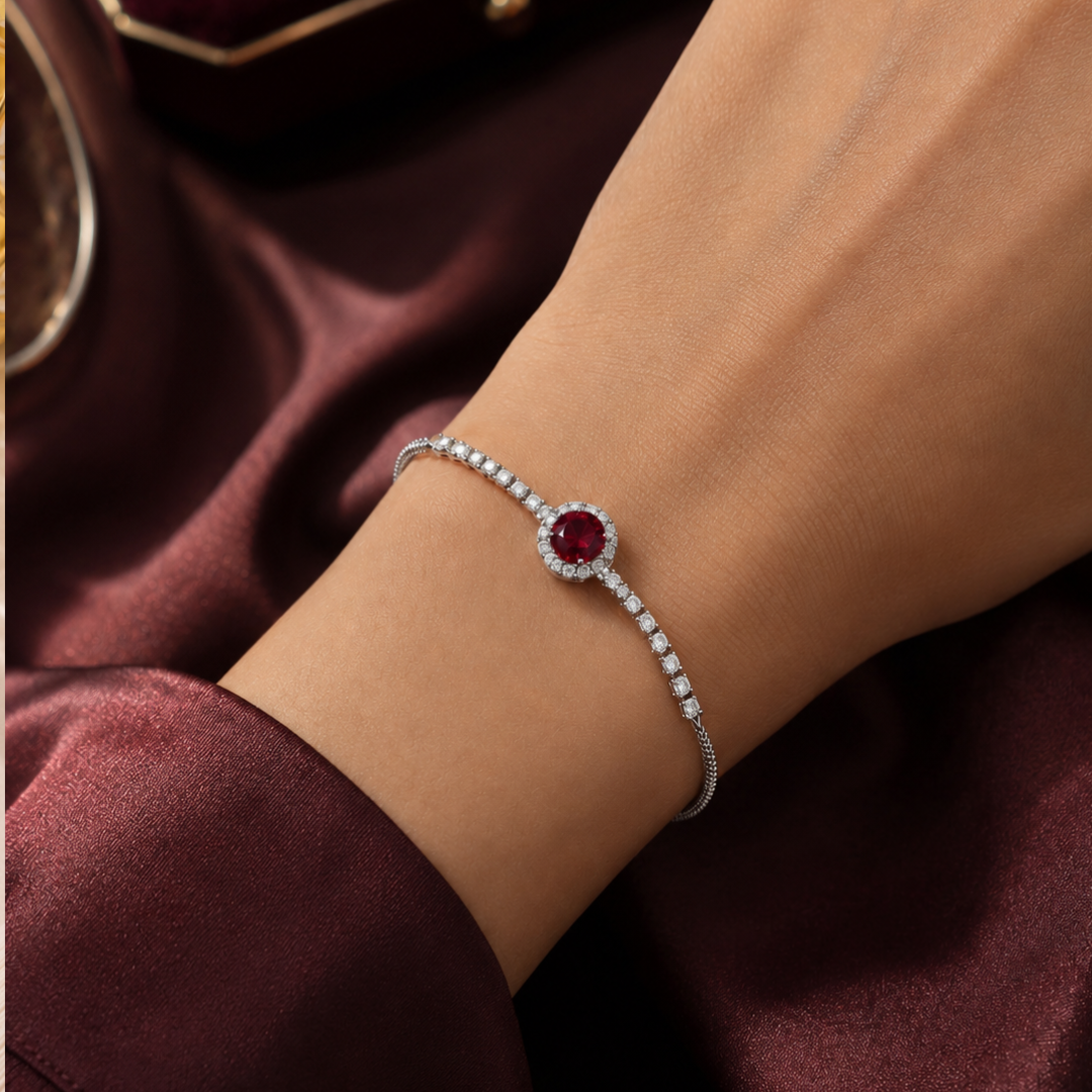 Silver Crystal Slider Bracelet with Ruby Red Stone