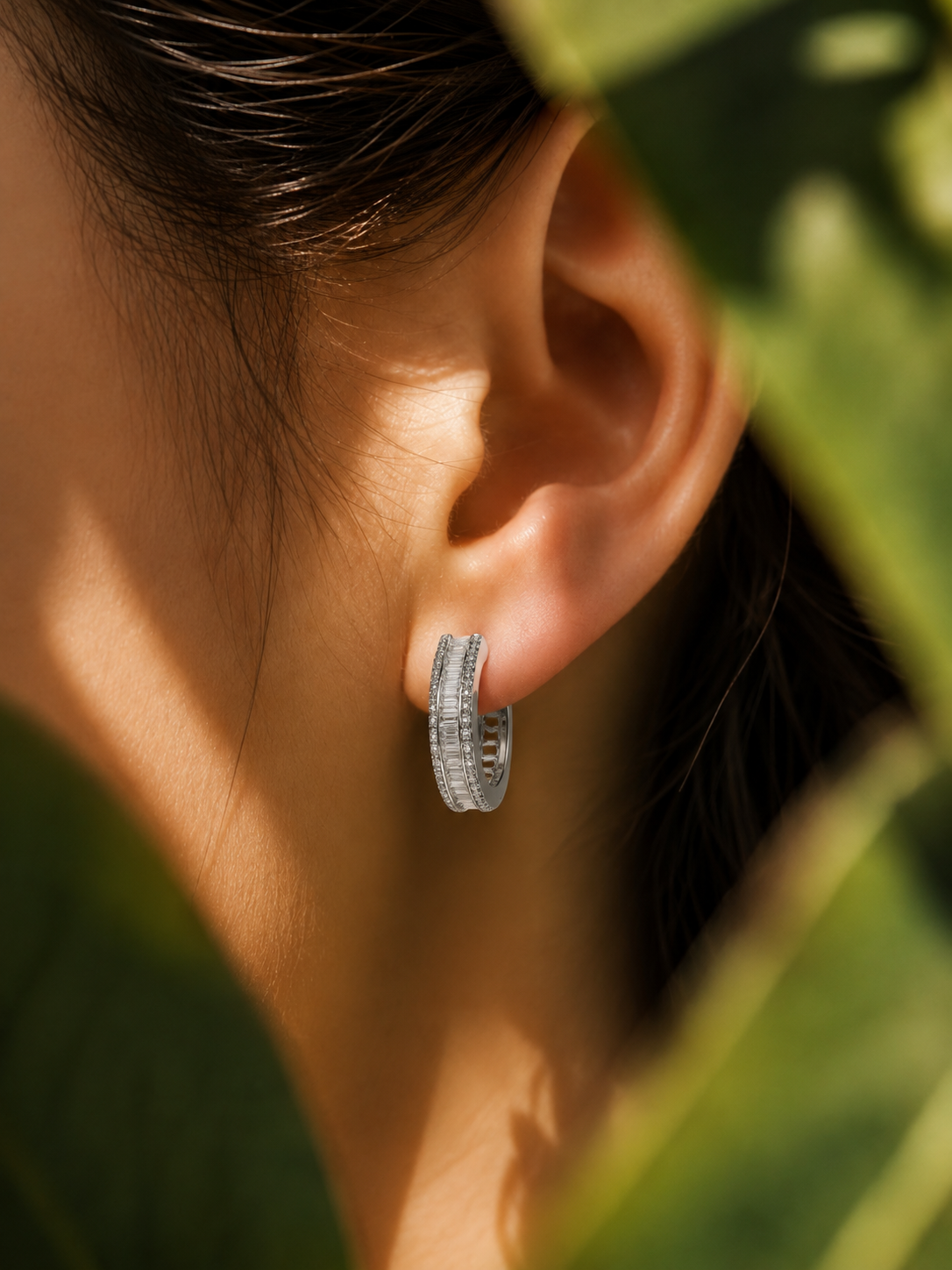 Silver Luxe Baguette Pavé Hoop Earrings worn on ear