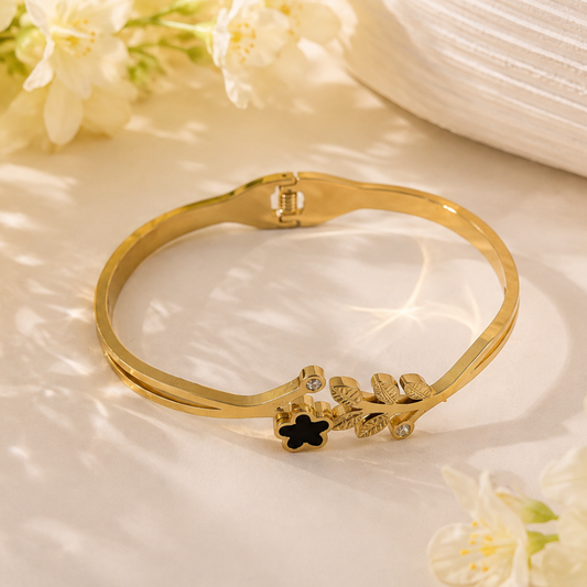Golden Black Flower and Leaf Bangle