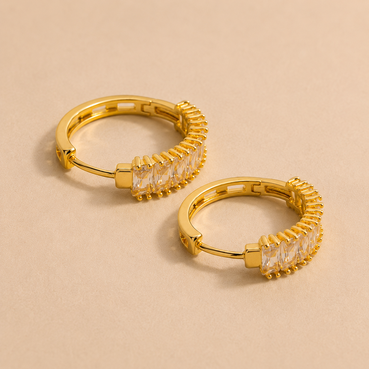 Golden Baguette Crystal Huggie Hoops product view