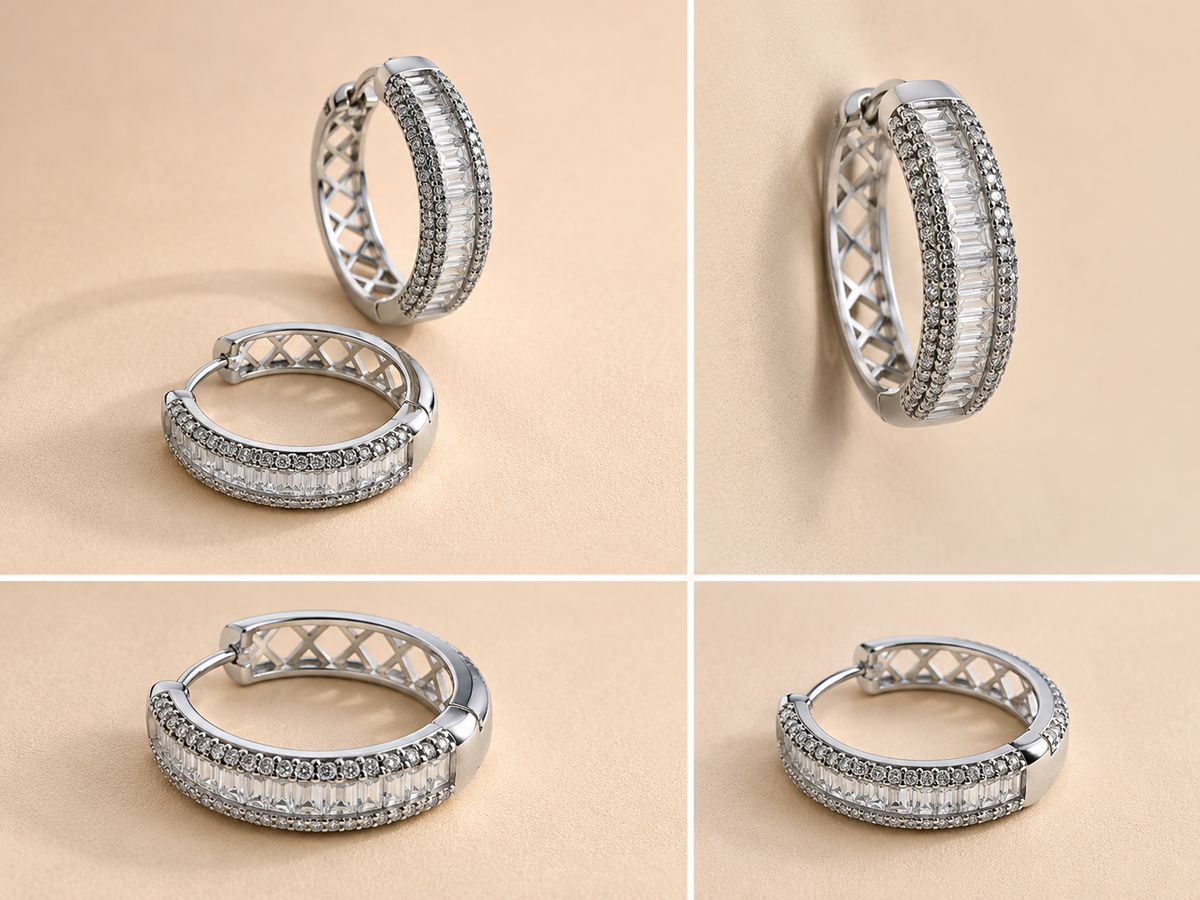 Silver Luxe Baguette Pavé Hoop Earrings detail collage