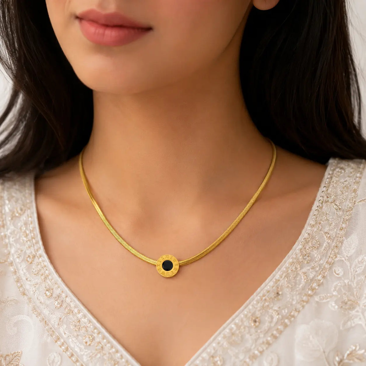 Golden Black Stone Circle Necklace