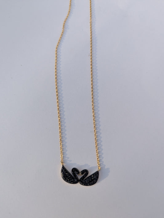 Black Swan Duo Pendant Necklace in black and gold tone