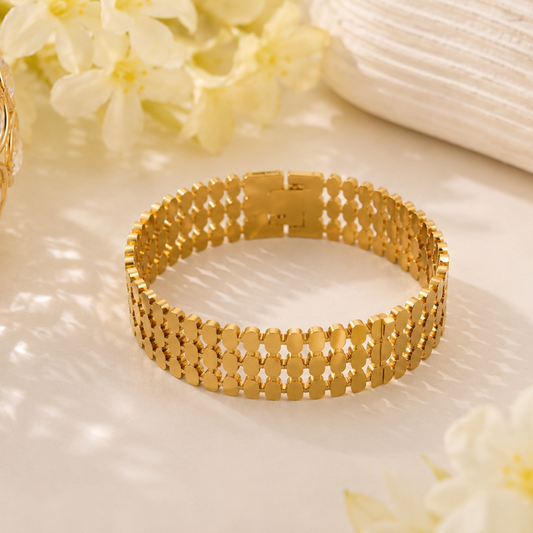 Golden Multi-Row Geometric Link Bracelet