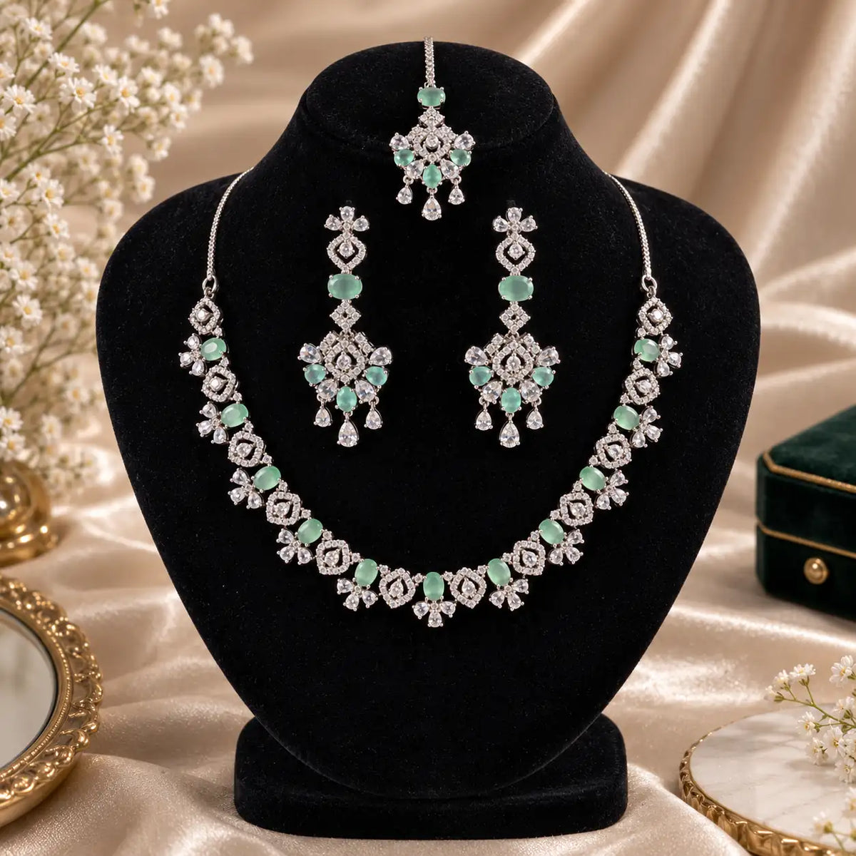 Mint Empress Signature Bridal Jewellery Set on black display