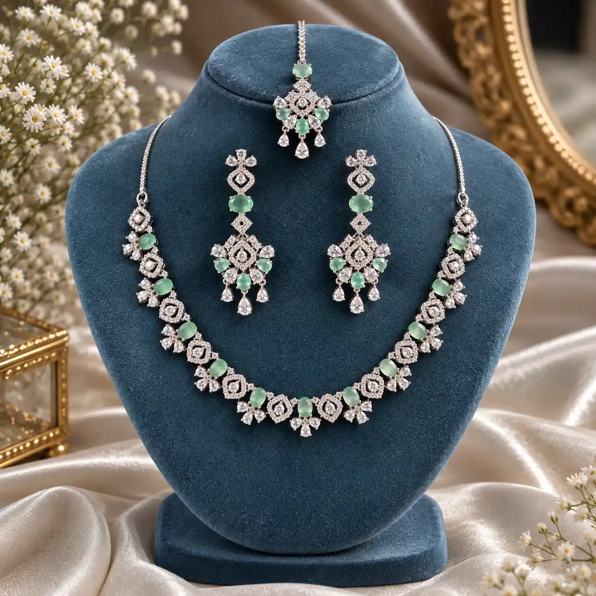 Mint Empress necklace earrings and maang tikka complete set